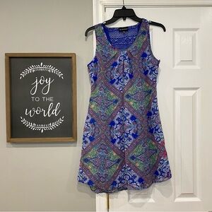 My Michelle Blue Paisley Boho Pleated Sleeveless Round Neck A-Line Dress Medium
